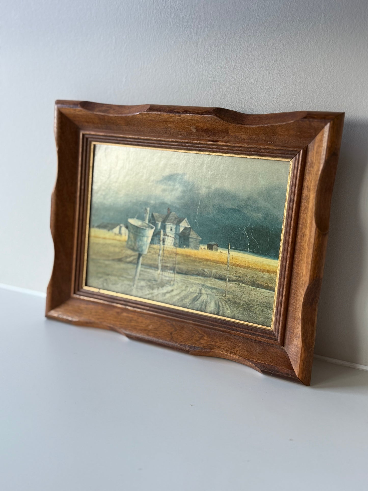 Pair of Vintage Framed Art Prints – Rustic Farm Landscape & Abstract Miniature