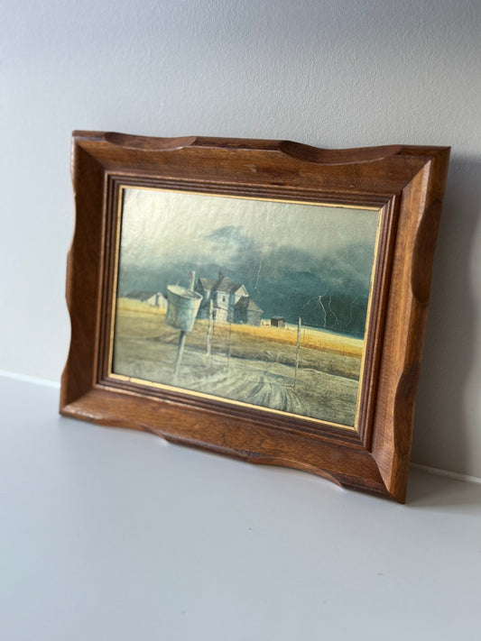 Pair of Vintage Framed Art Prints – Rustic Farm Landscape & Abstract Miniature