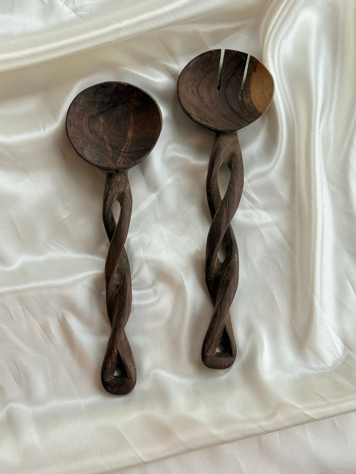 Vintage Hand-Carved Wooden Salad Servers – Sculptural Twisted Handles