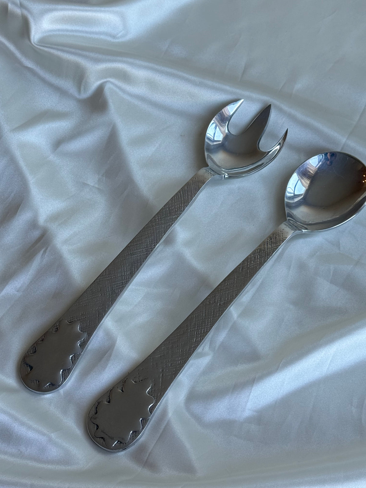 Vintage Pewter Salad Serving Spoon & Fork Set – Textured Handles