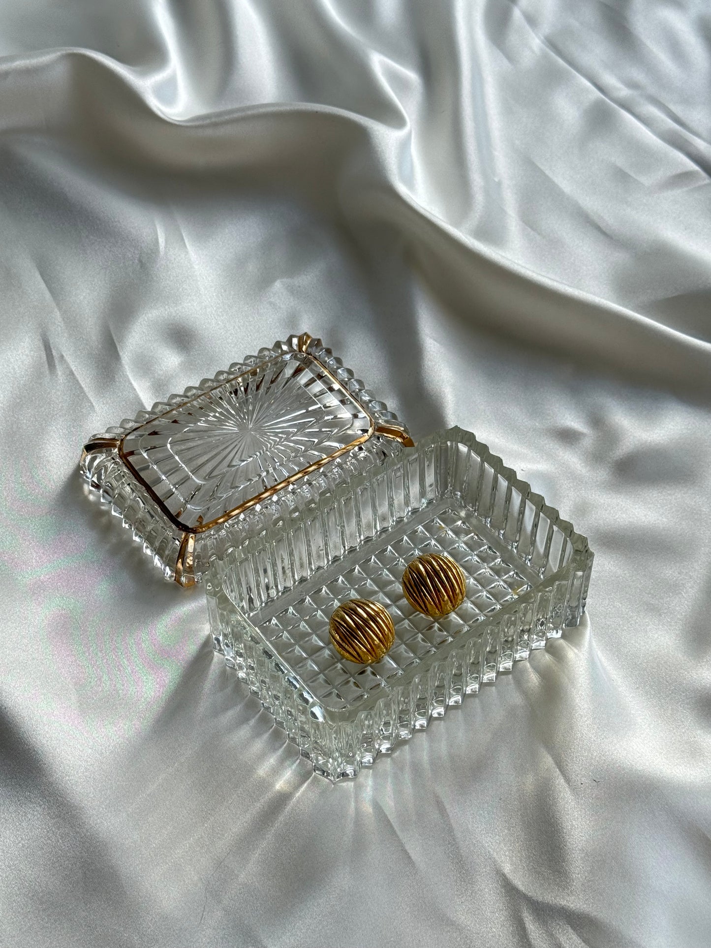Vintage Pressed Glass Cigarette Box with Gold plated Trim