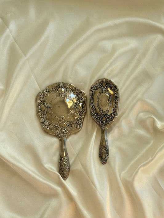 Vintage Silver-Plated Vanity Set Mirror and brush