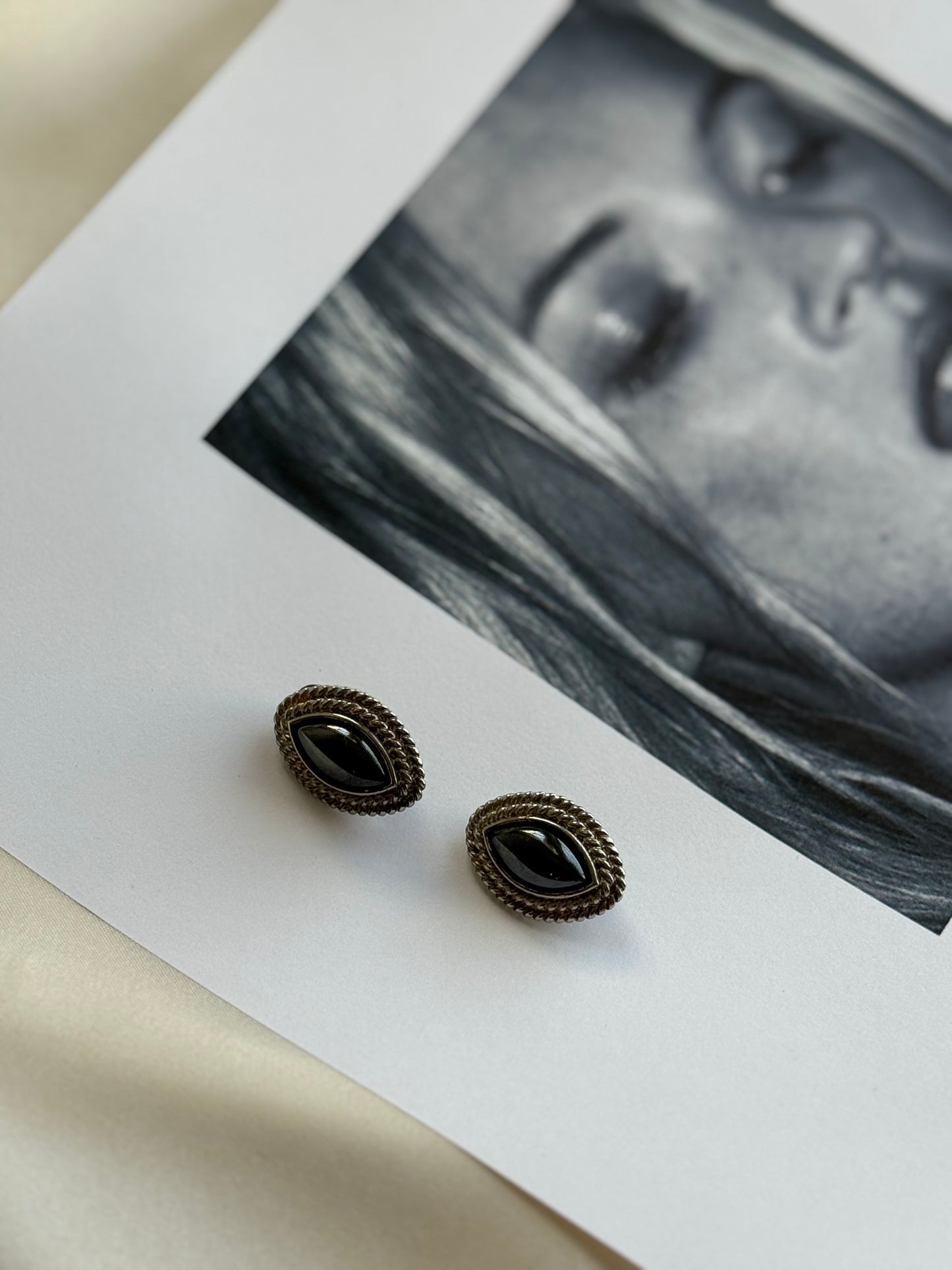 Vintage Gold-Tone & Black Cabochon Clip-On Earrings
