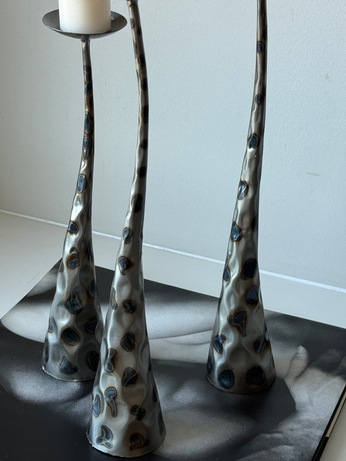 Vintage Brutalist Style Sculptural Metal Pillar Candle Holders – Set of Three