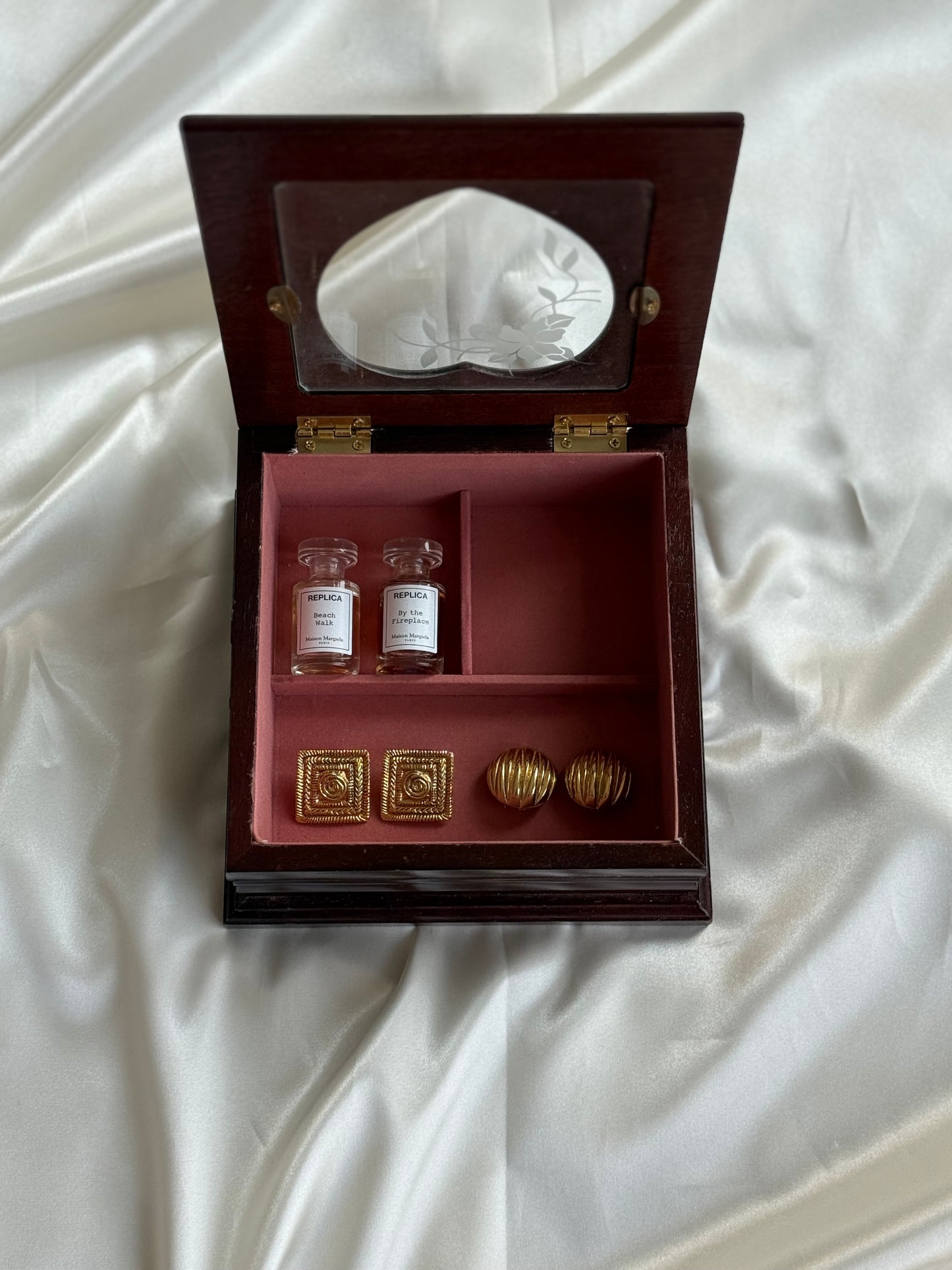 Vintage Wooden Jewelry Box with Heart glass