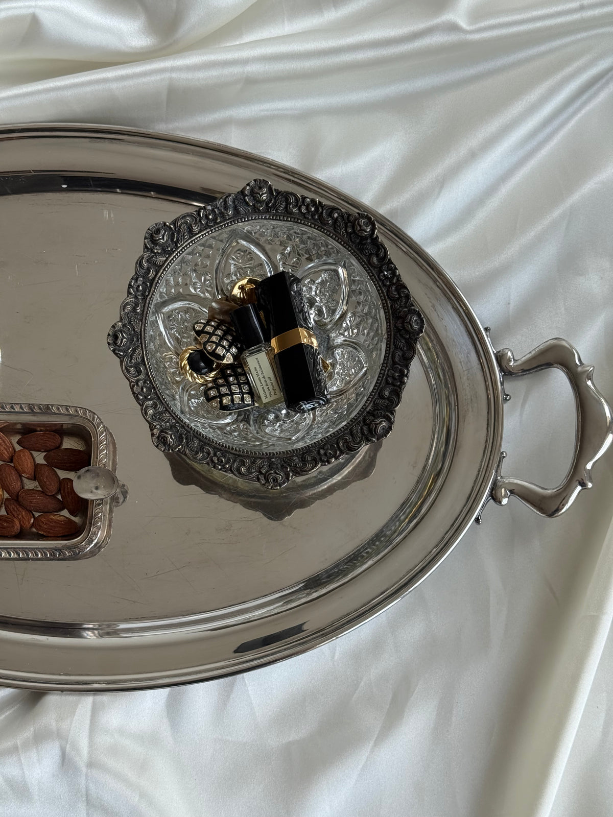 Vintage Pressed Glass Bowl with Ornate Silver-Tone Metal Rim
