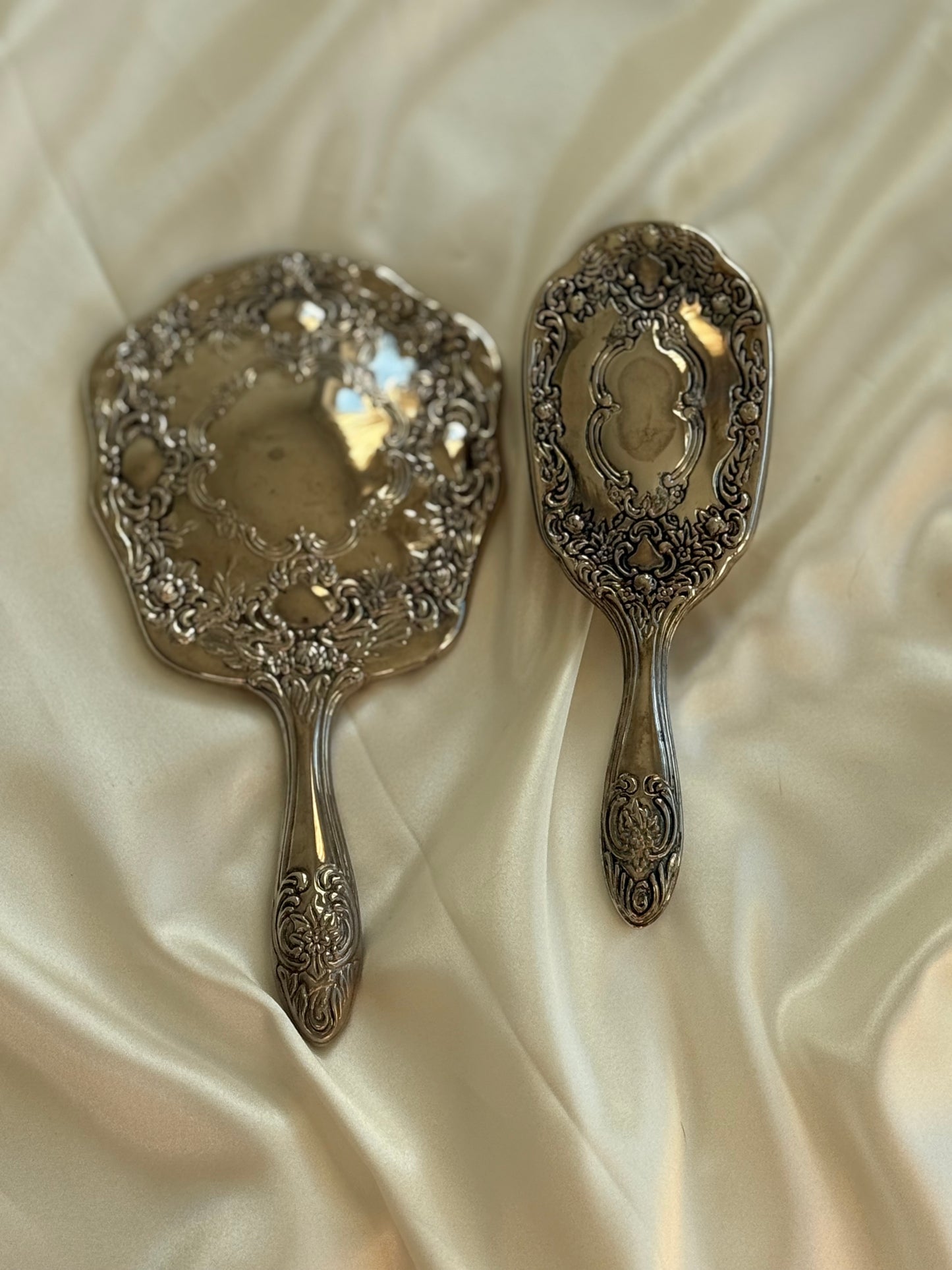 Vintage Silver-Plated Vanity Set Mirror and brush