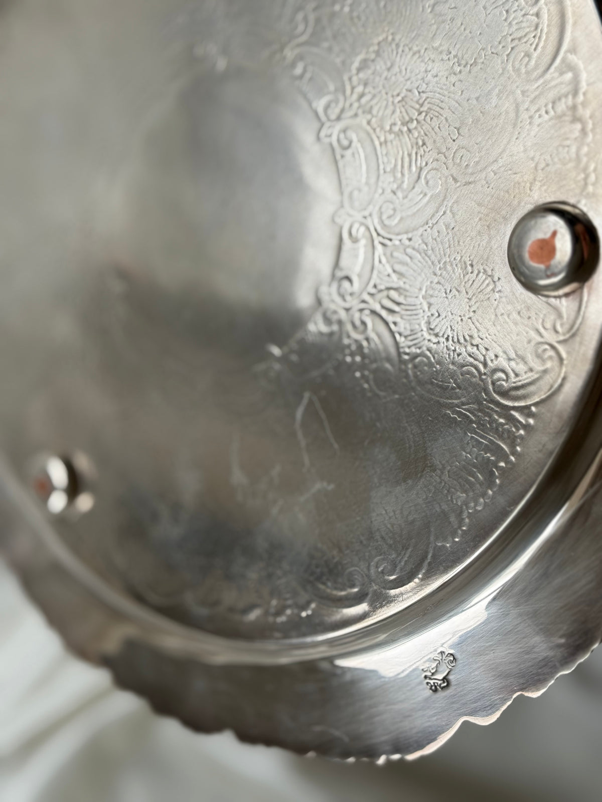 Vintage Ornate Silver-Plated Round Serving Tray | Floral Engraving