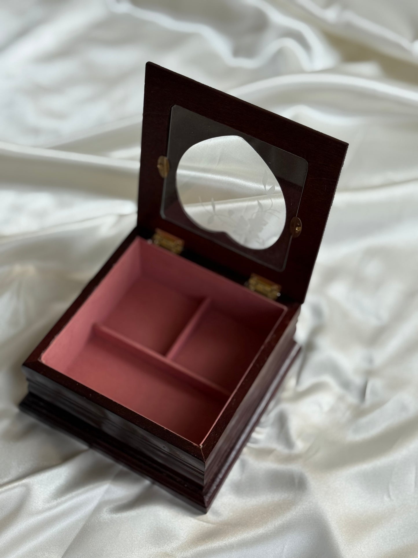Vintage Wooden Jewelry Box with Heart glass