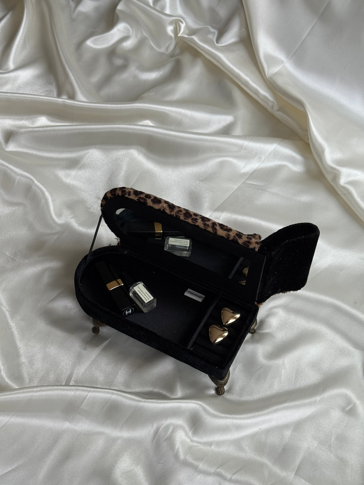 Vintage Leopard Print Chaise Lounge Jewelry Box with Mirror
