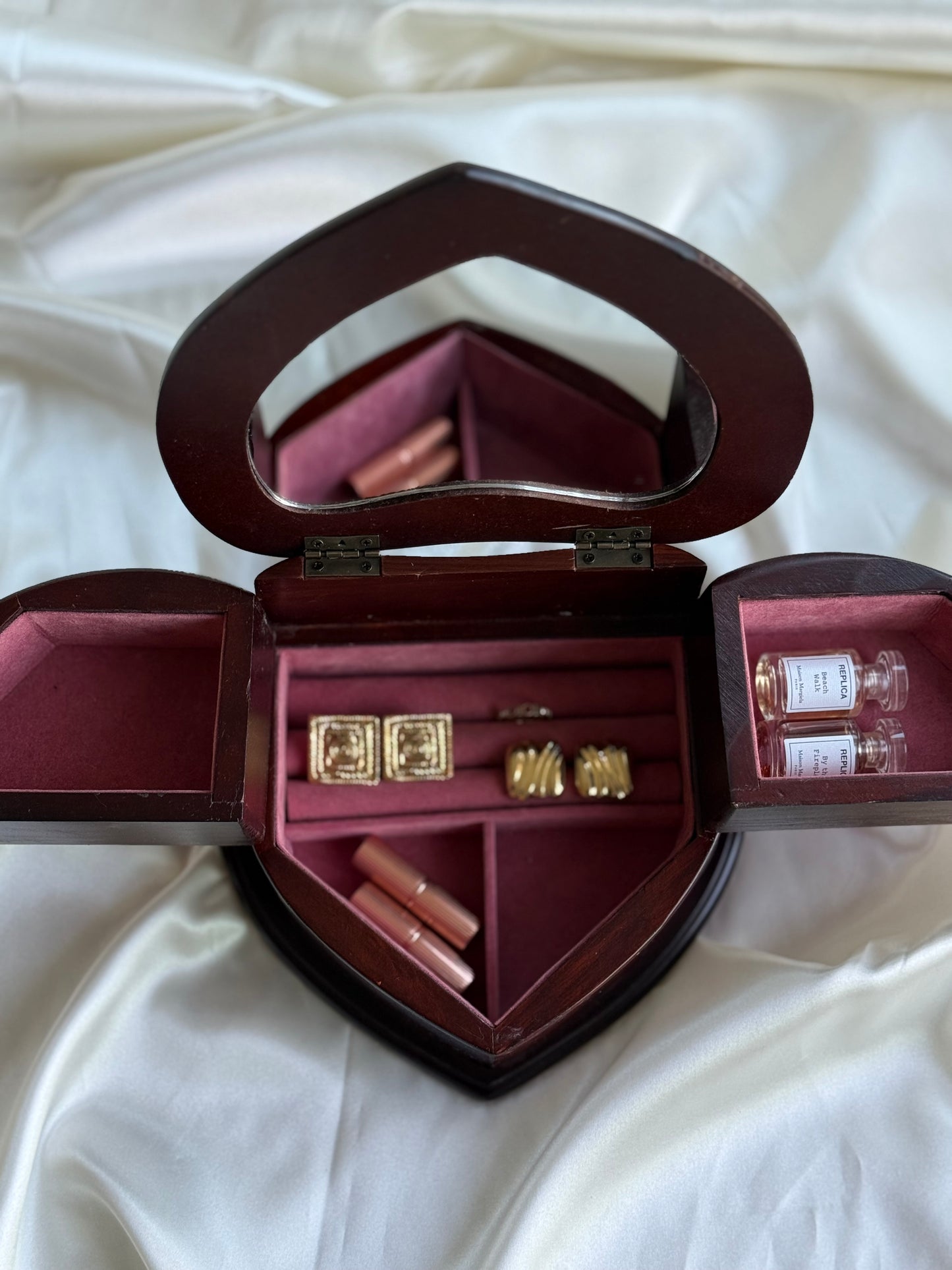 Vintage Heart-Shaped Wooden Jewelry Box with Mirror