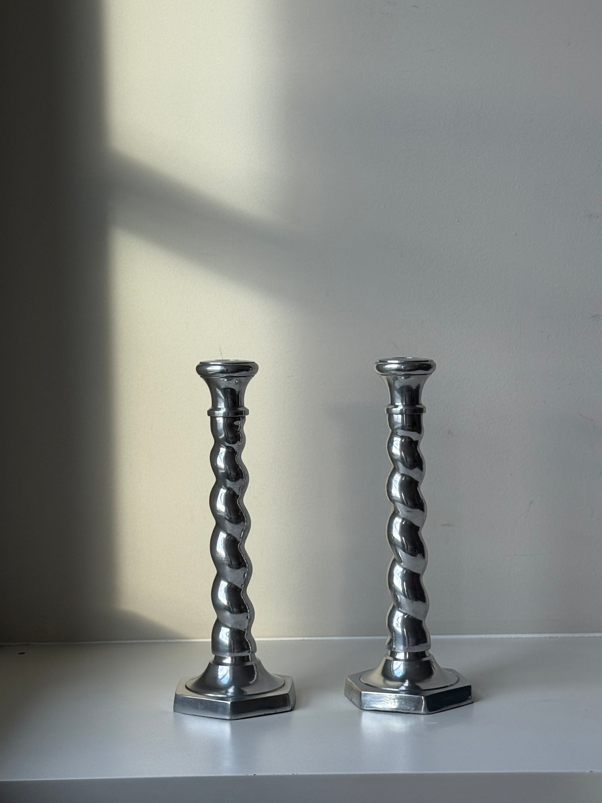 Pair of Vintage Postmodern Silver-Tone Barley Twist Candlesticks