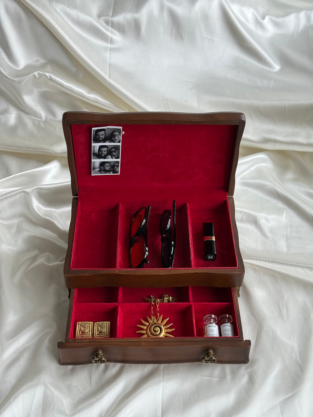 Vintage Wooden Jewelry Box with Red Velvet Interior