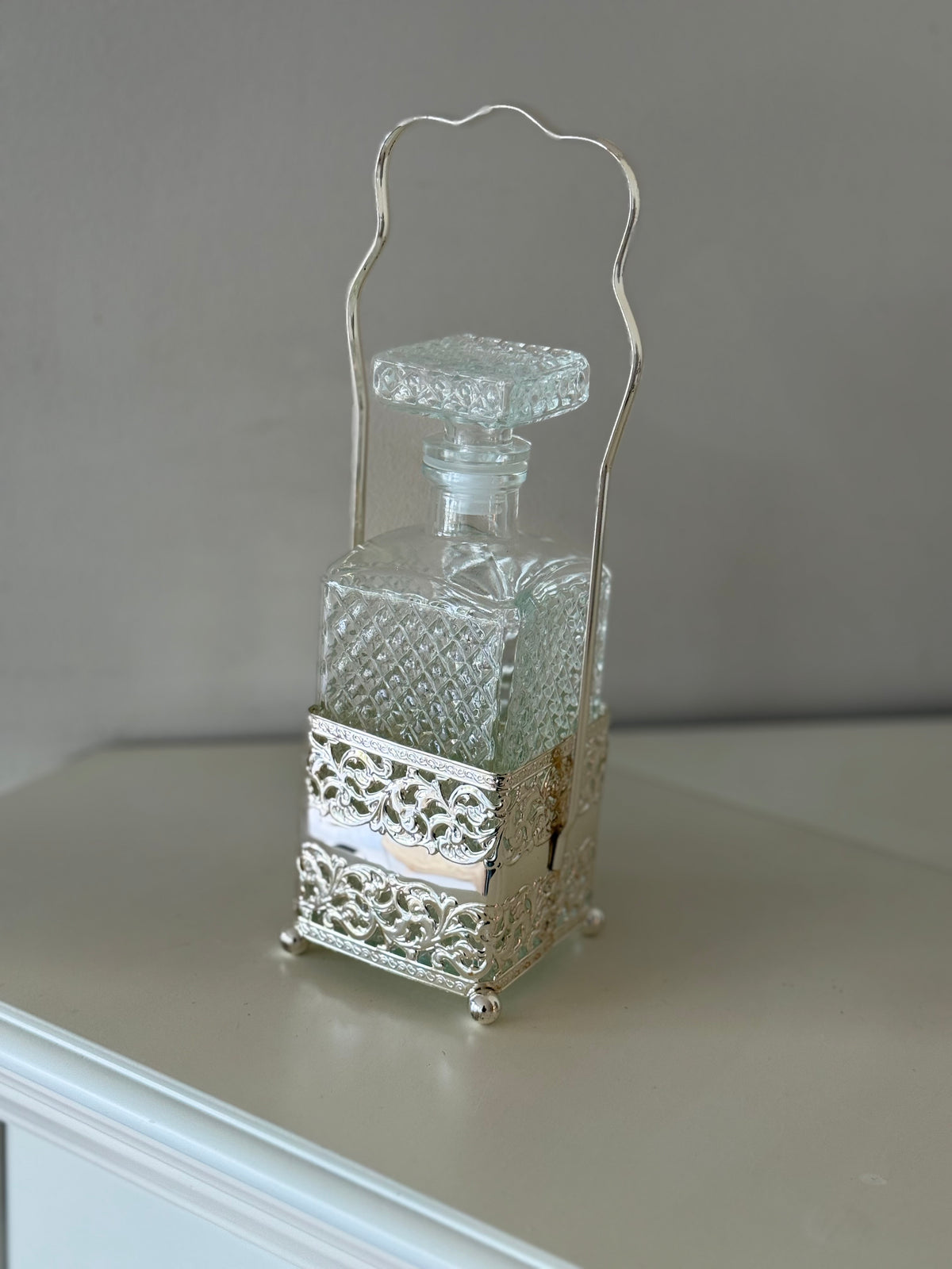 Vintage Italian Pressed Glass Decanter with Silver-Plated Caddy
