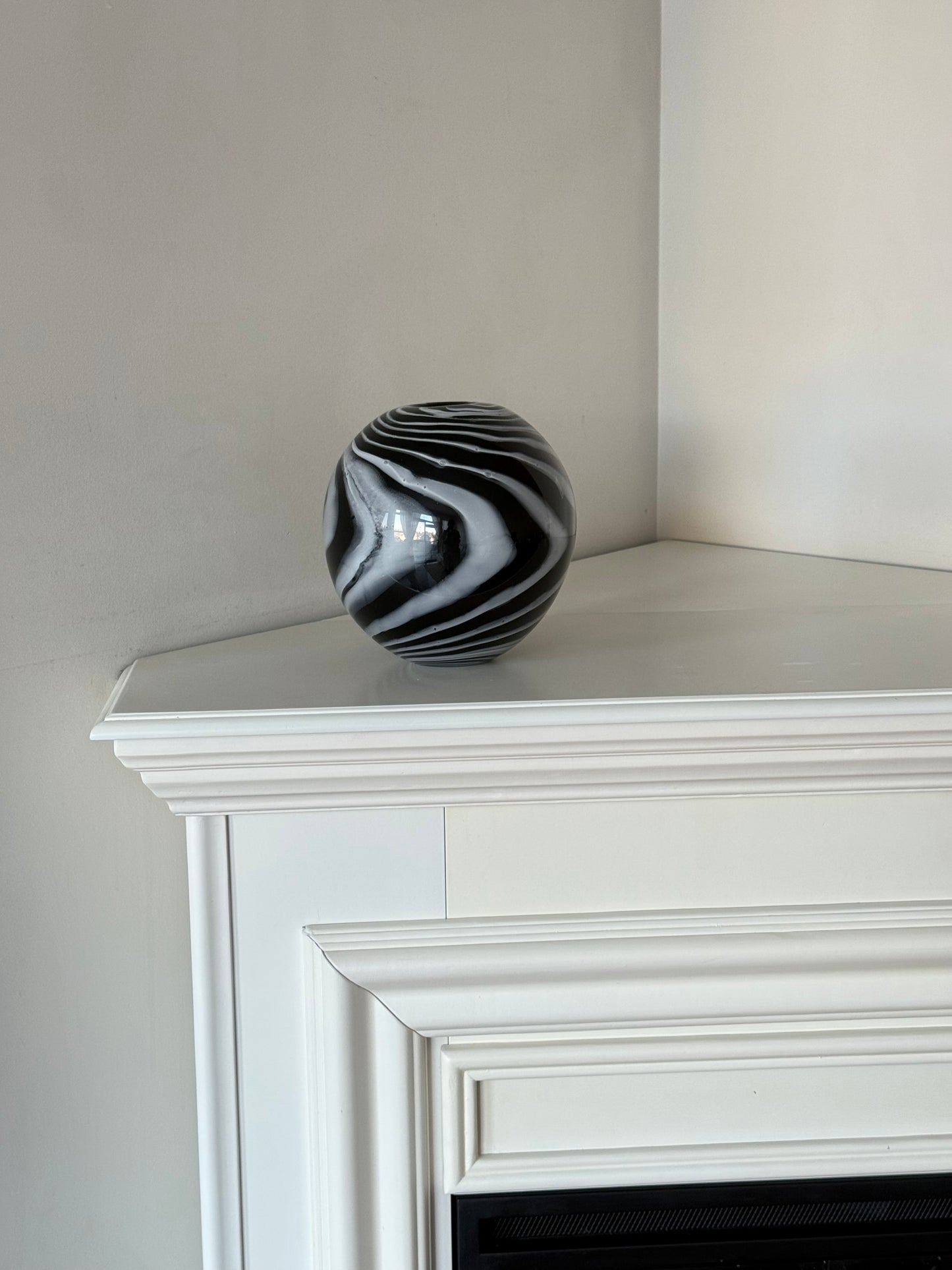 Vintage Hand-Blown Black & White Swirl Glass Vase