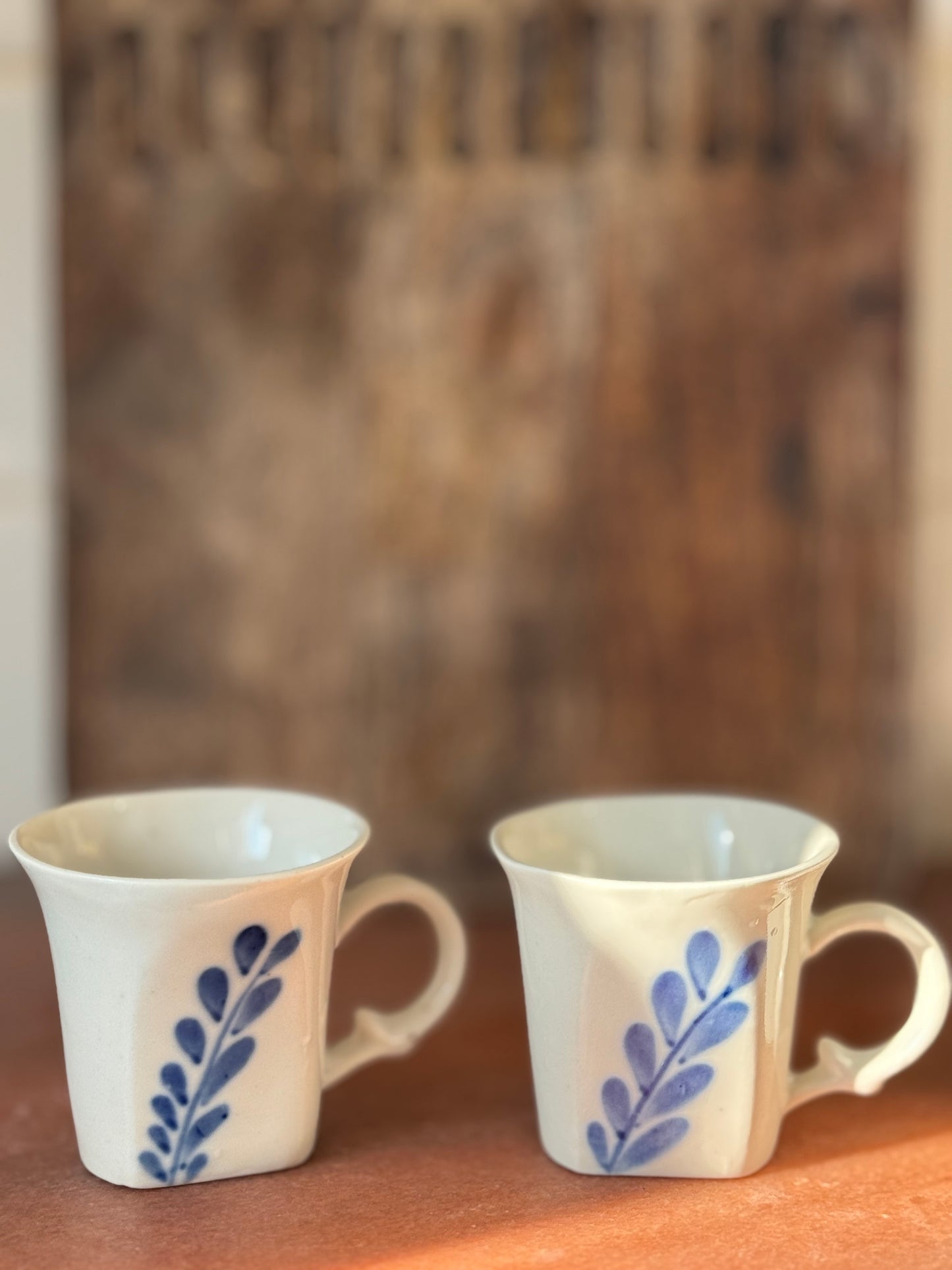 Set of 4 Hand-Painted Ceramic Espresso Cups – Blue Leaf Motif