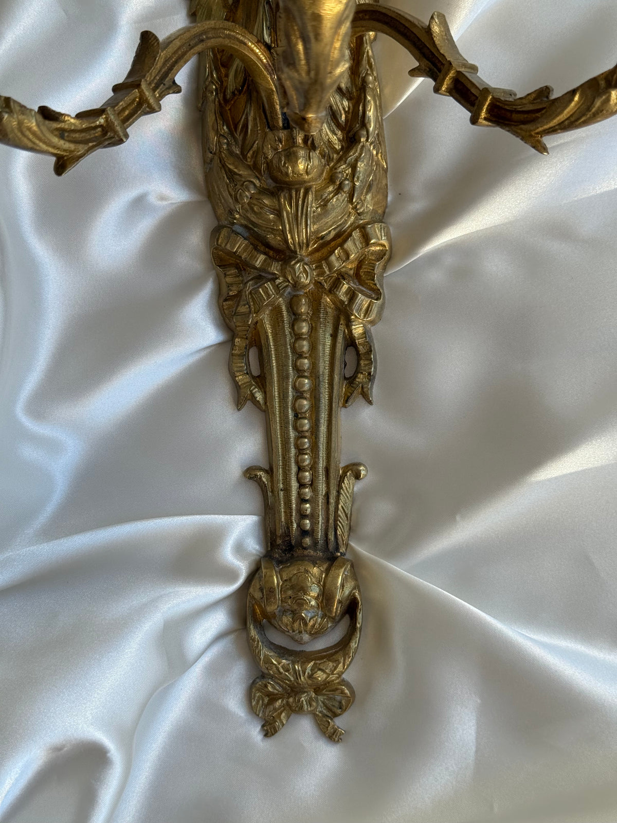 Antique French Solid Brass Three-Arm Wall Sconce, Louis XVI Revival