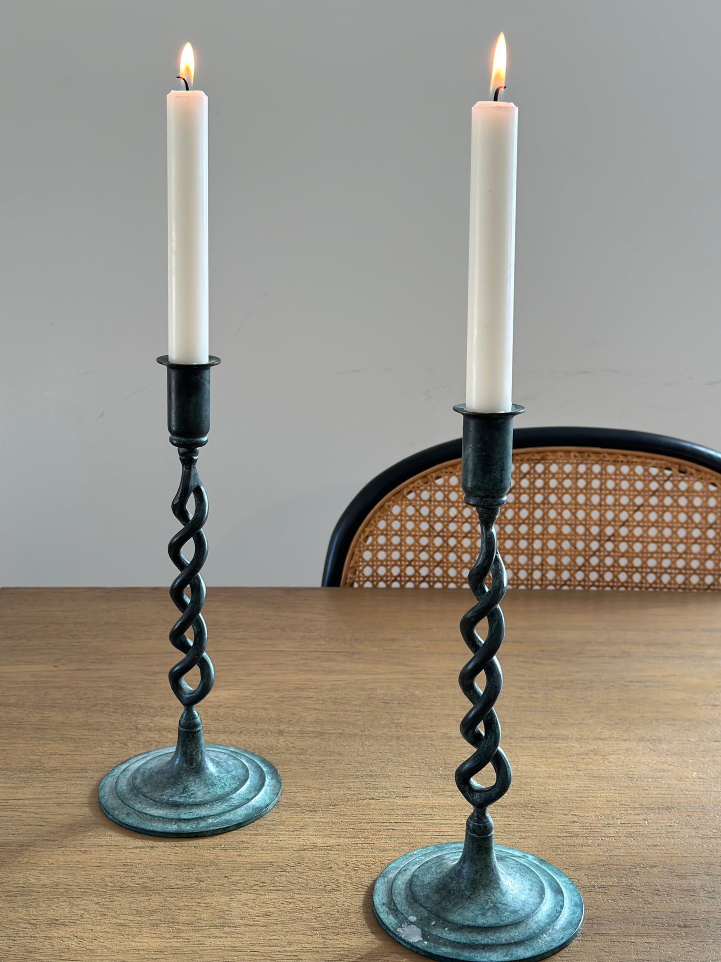 Brass patina spiral candleholders