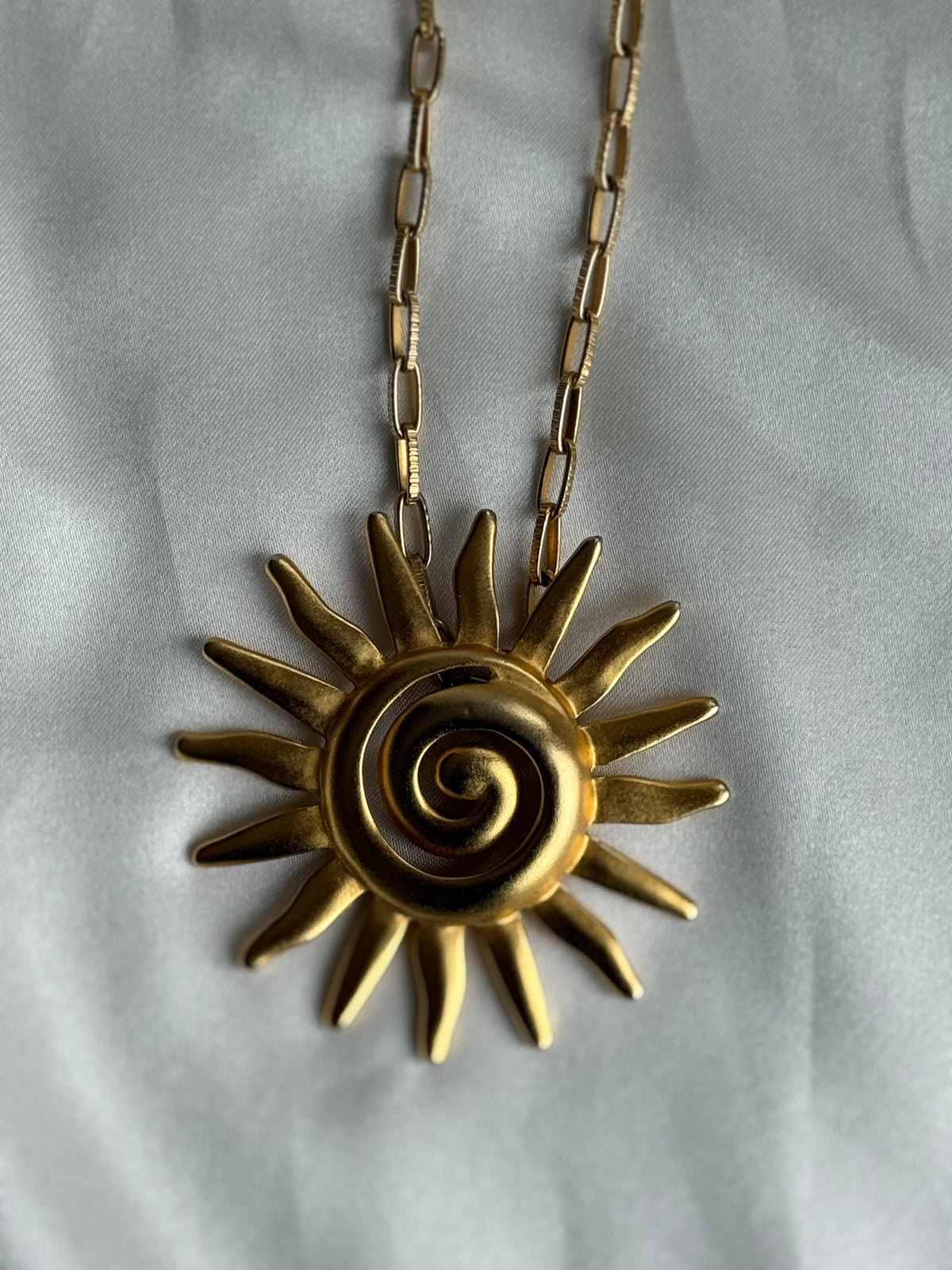 Vintage Gold-Tone Sunburst Pendant Necklace | Sculptural Spiral Sun Statement Jewelry