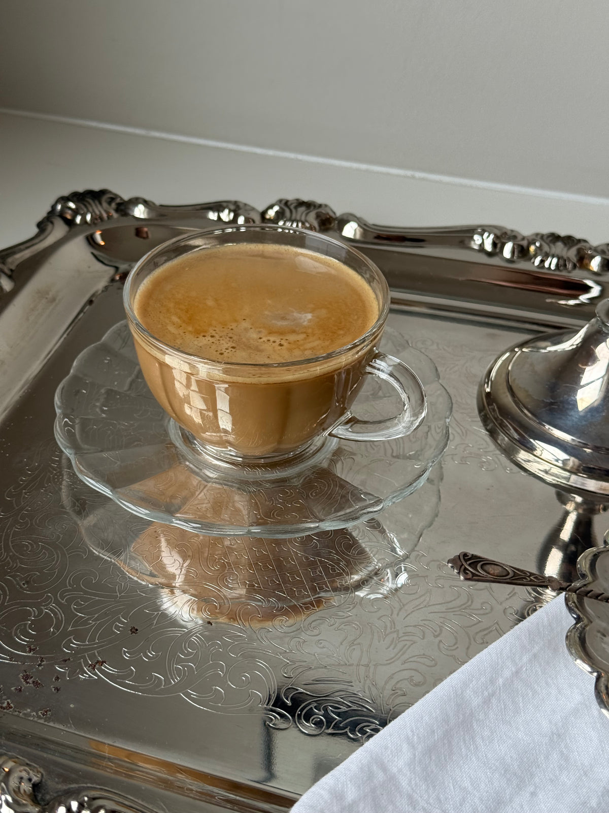 Vintage French Clear Glass Coffee Cups & Saucers – Set of Four