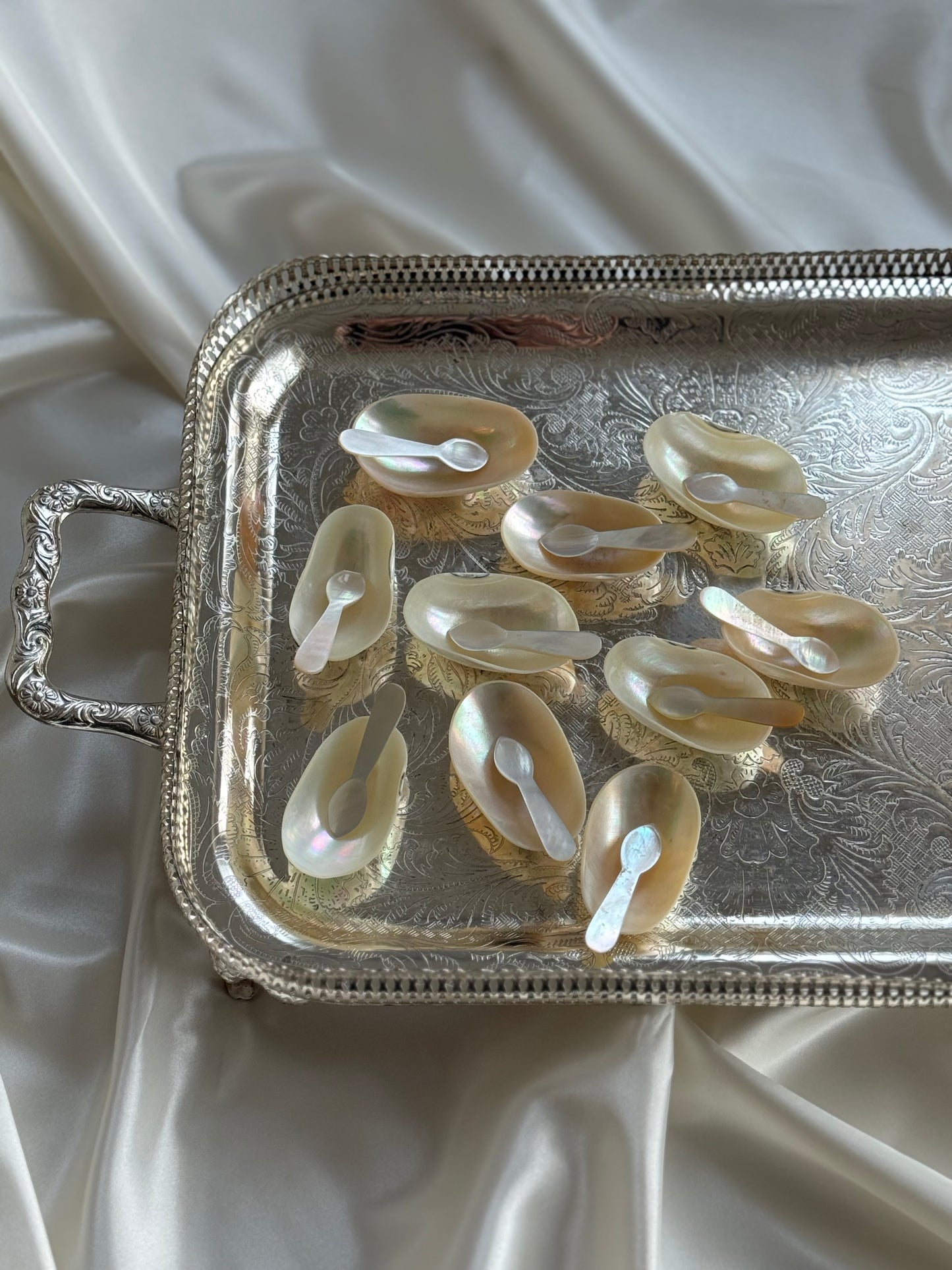 Vintage Mother of Pearl Caviar Serving Dishes – Set of 10 with Mini Spoons