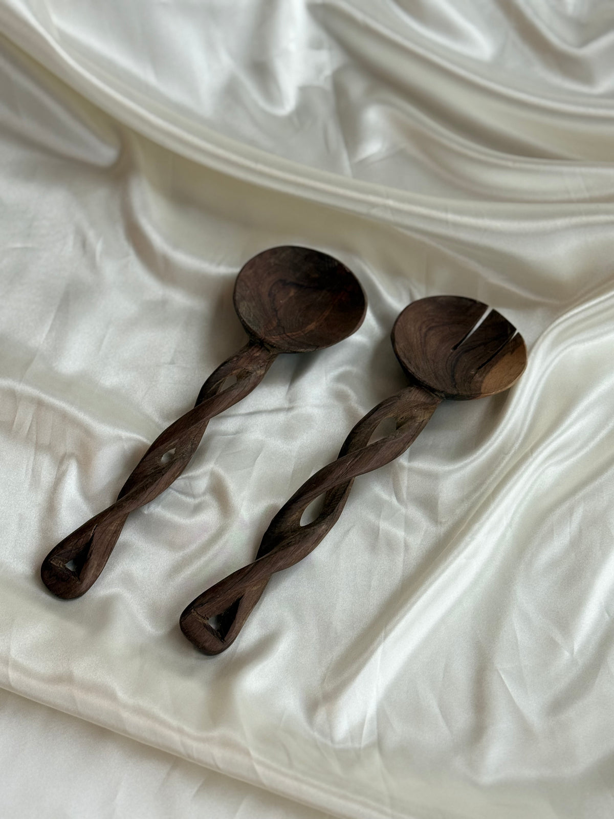 Vintage Hand-Carved Wooden Salad Servers – Sculptural Twisted Handles
