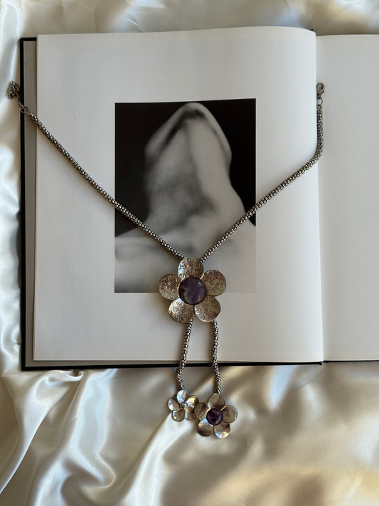 Vintage Silver-Tone Floral Lariat Necklace with Purple Stone
