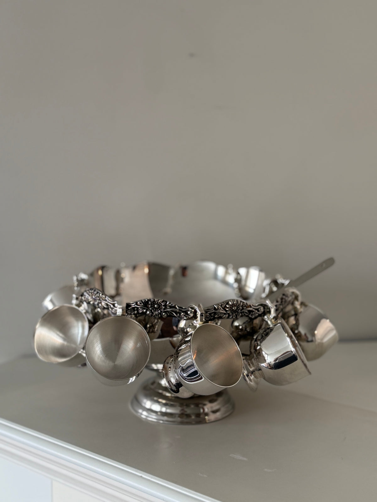 Vintage Silver-Plated Punch Bowl Set with 10 Hanging Cups & Ladle