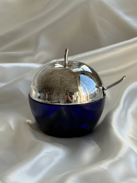 Vintage Cobalt Blue Glass Apple Condiment Jar with Silver-Tone Lid & Spoon