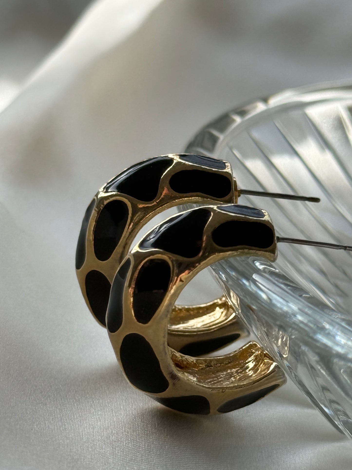 Vintage Gold-Tone Hoop Earrings with Black Enamel Detail