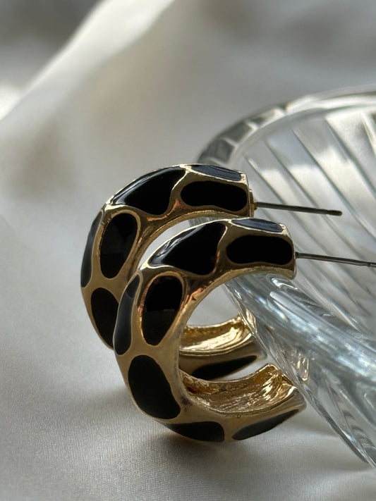 Vintage Gold-Tone Hoop Earrings with Black Enamel Detail