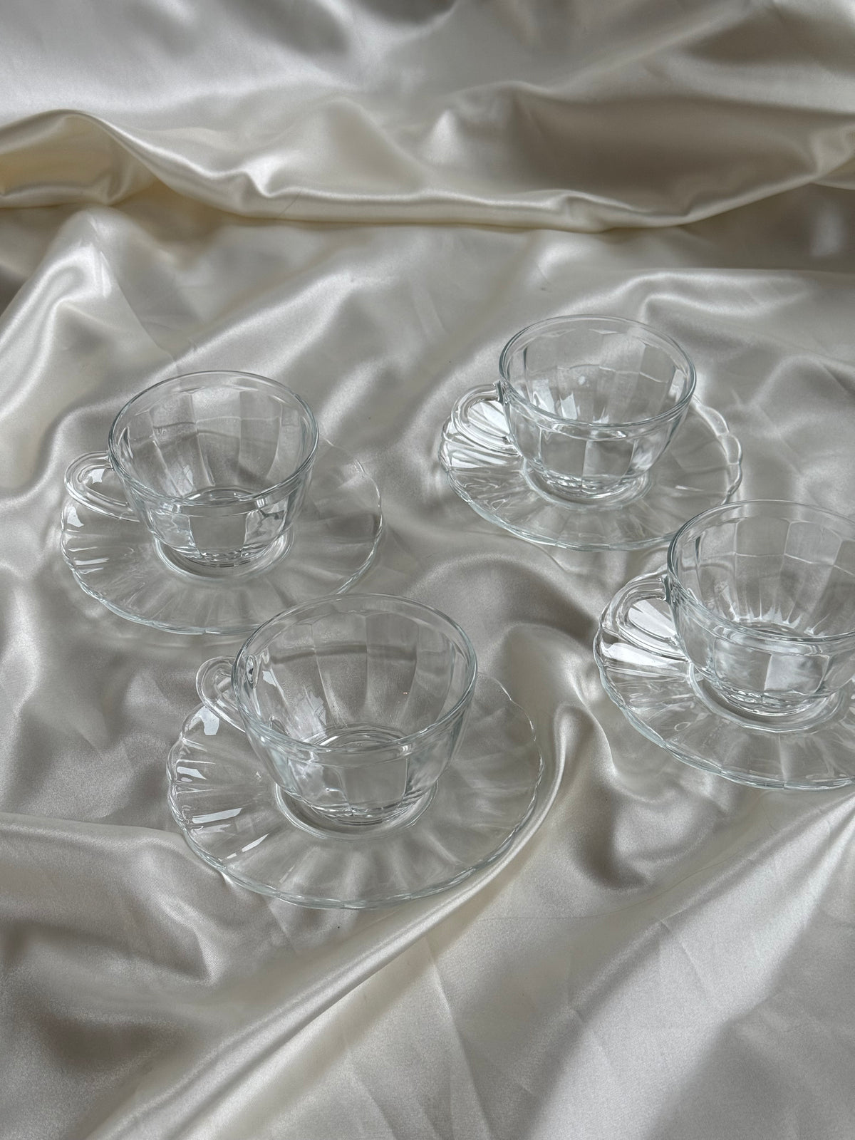 Vintage French Clear Glass Coffee Cups & Saucers – Set of Four