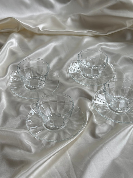 Vintage French Clear Glass Coffee Cups & Saucers – Set of Four