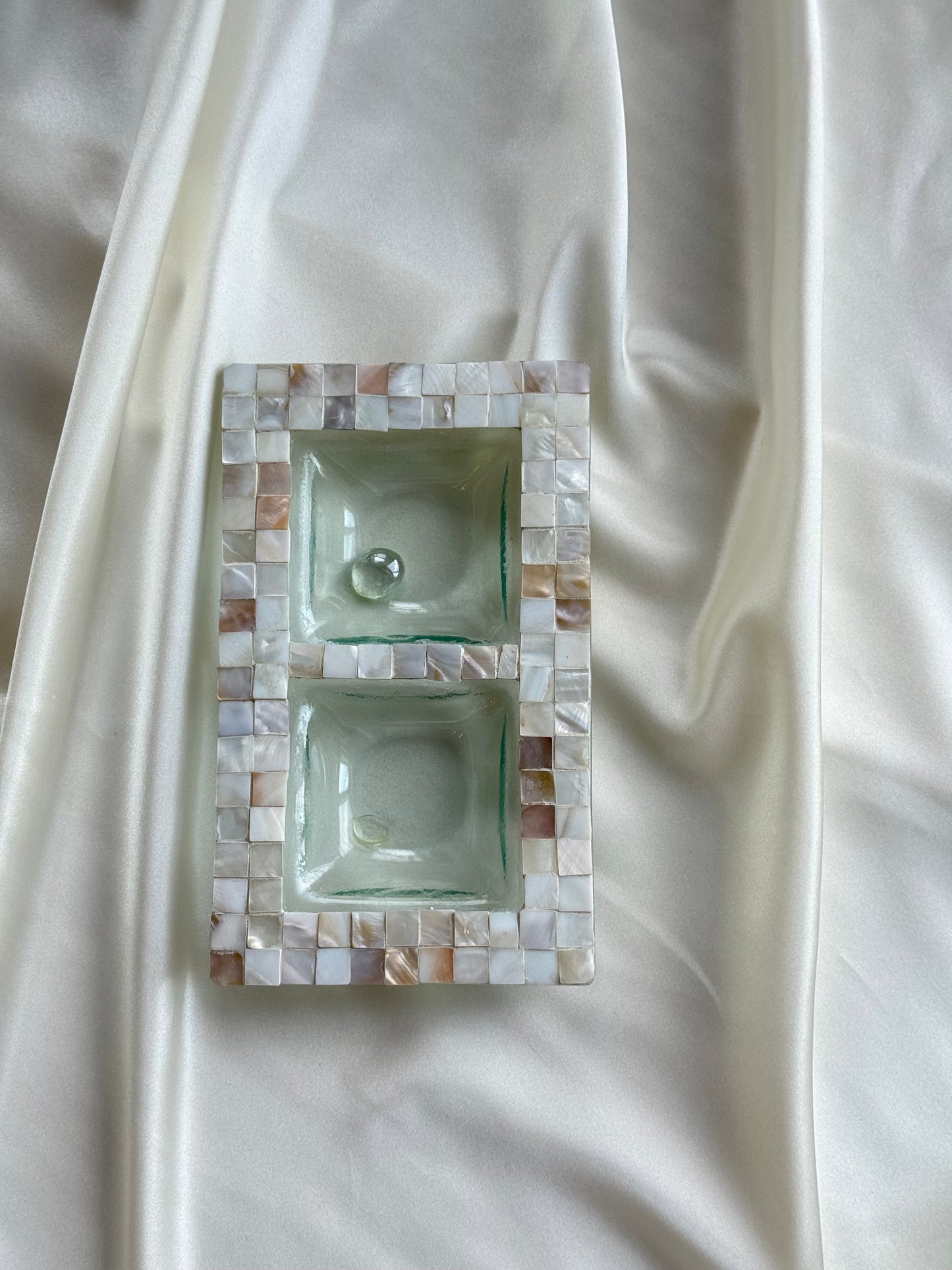 Mother-of-Pearl & Glass Dish — Two-Compartment