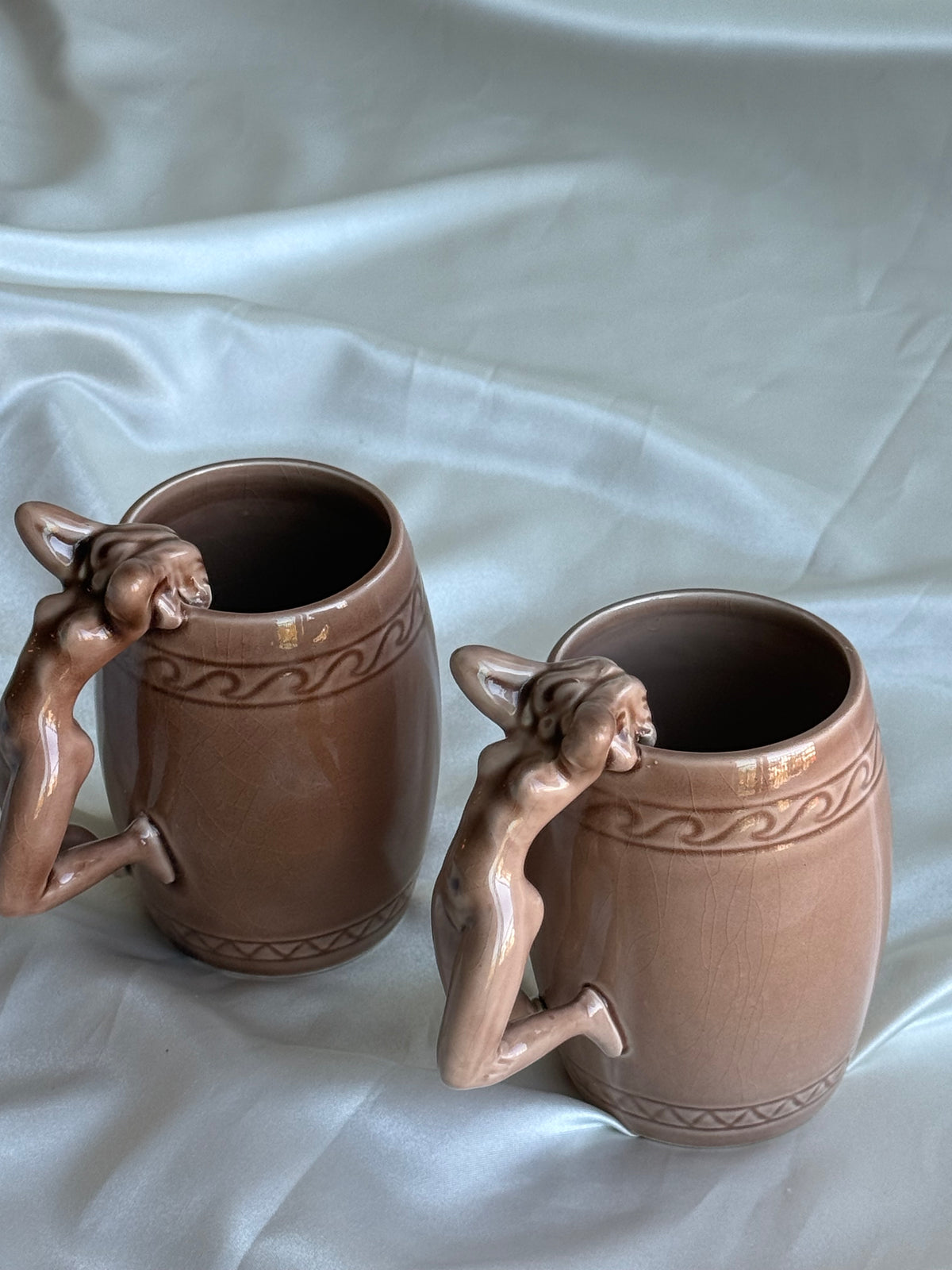 Vintage 1970s Japanese Ceramic Nude Woman Handle Mugs – Set of Two