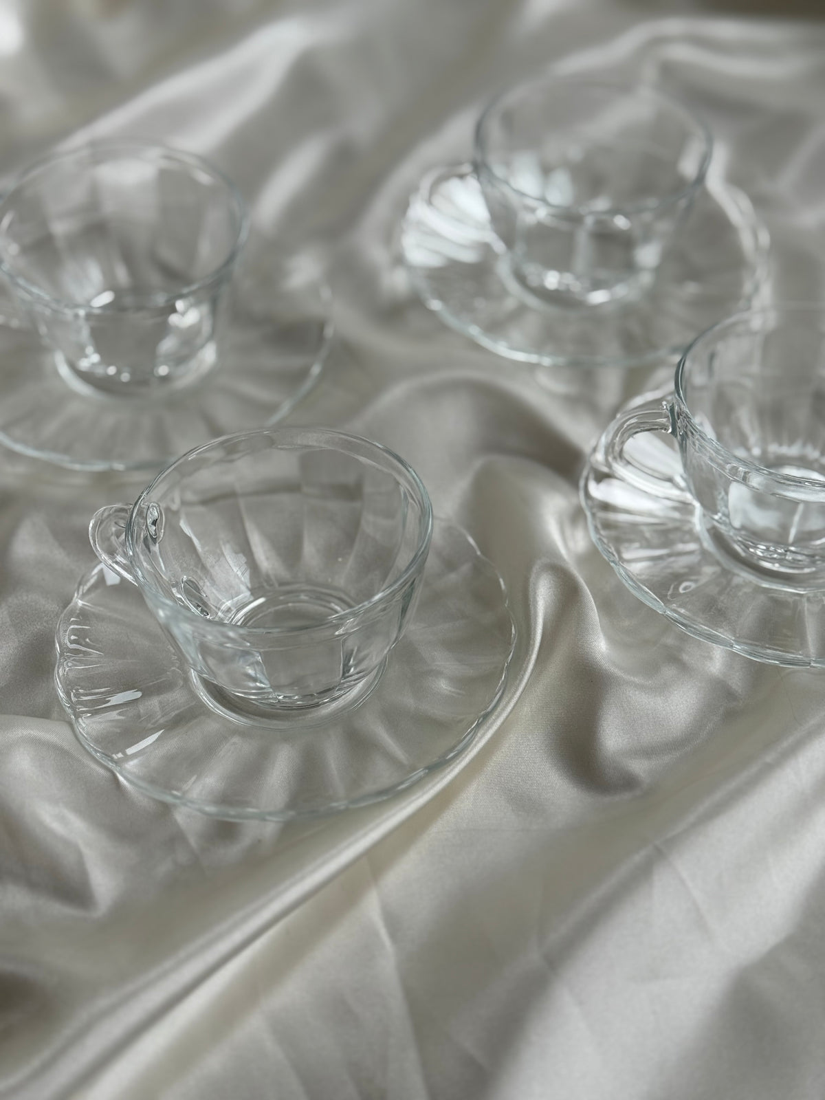 Vintage French Clear Glass Coffee Cups & Saucers – Set of Four