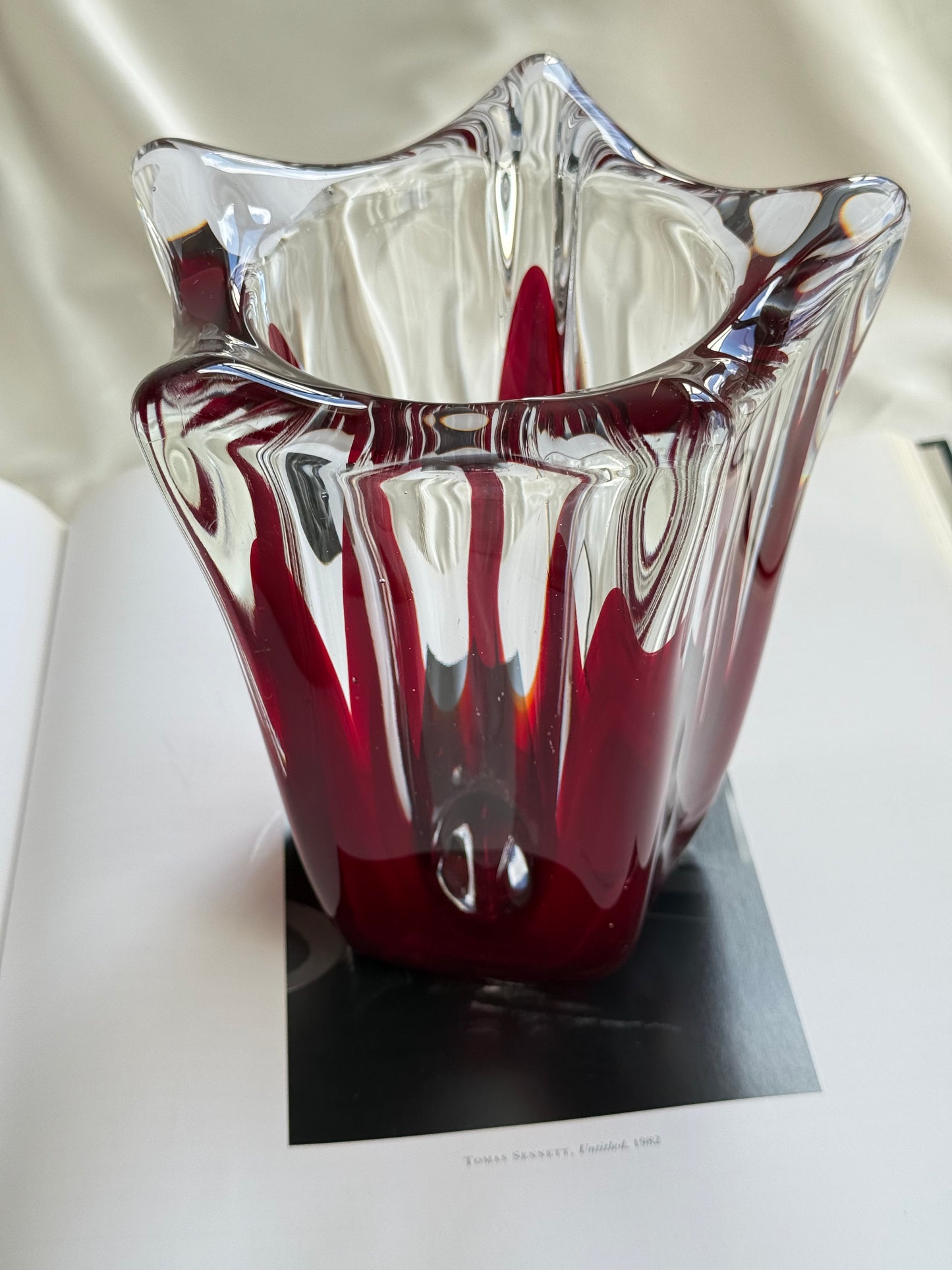Vintage Murano Style Art Glass Vase – Red & Clear Sculptural Form