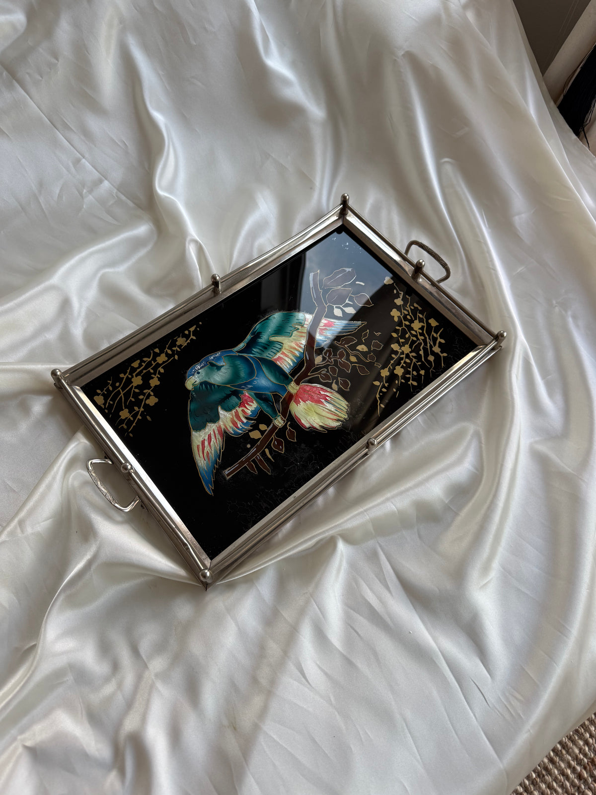 Vintage Reverse Painted Glass Serving Tray with Parrot Design