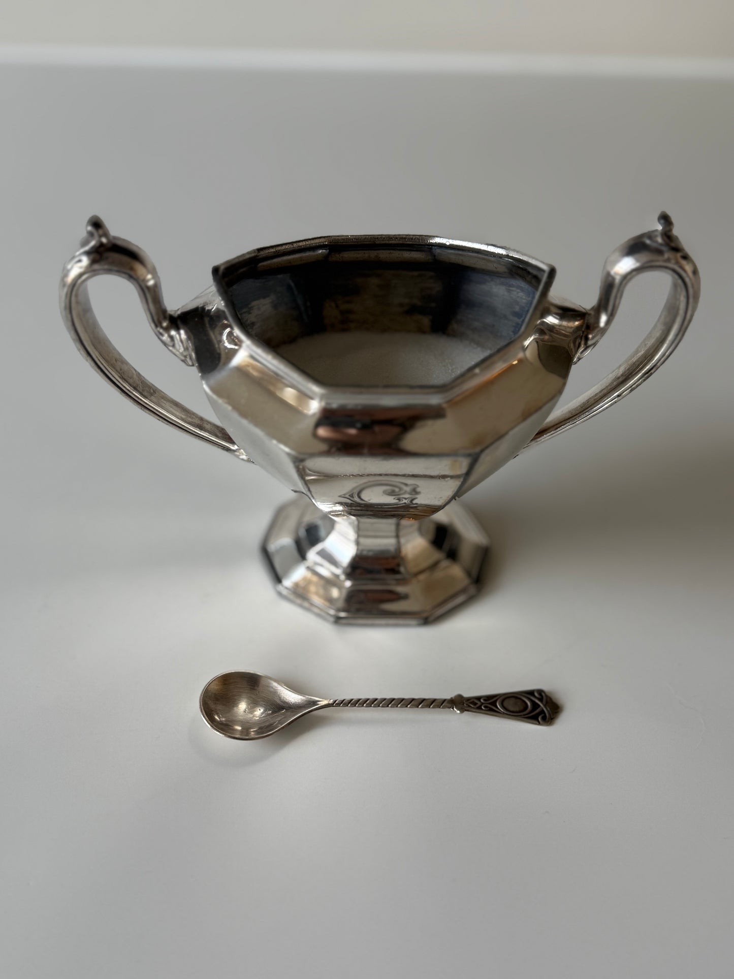 Vintage Silver-Plated Sugar Dish with Spoon