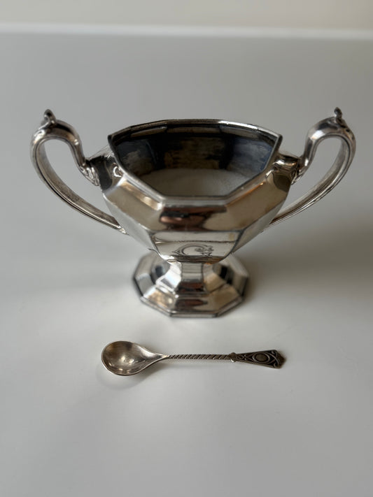 Vintage Silver-Plated Sugar Dish with Spoon
