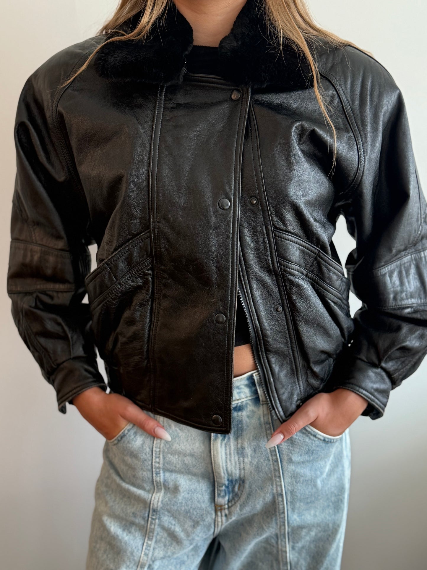 Vintage Black Leather Bomber Jacket with fur collar