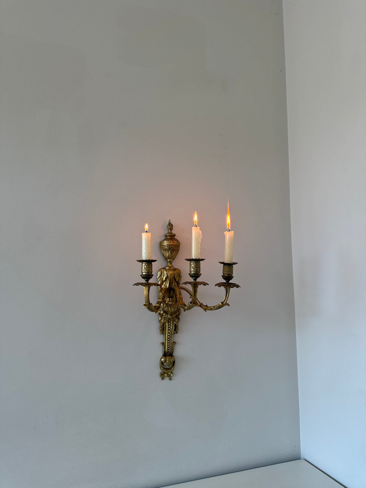 Antique French Solid Brass Three-Arm Wall Sconce, Louis XVI Revival