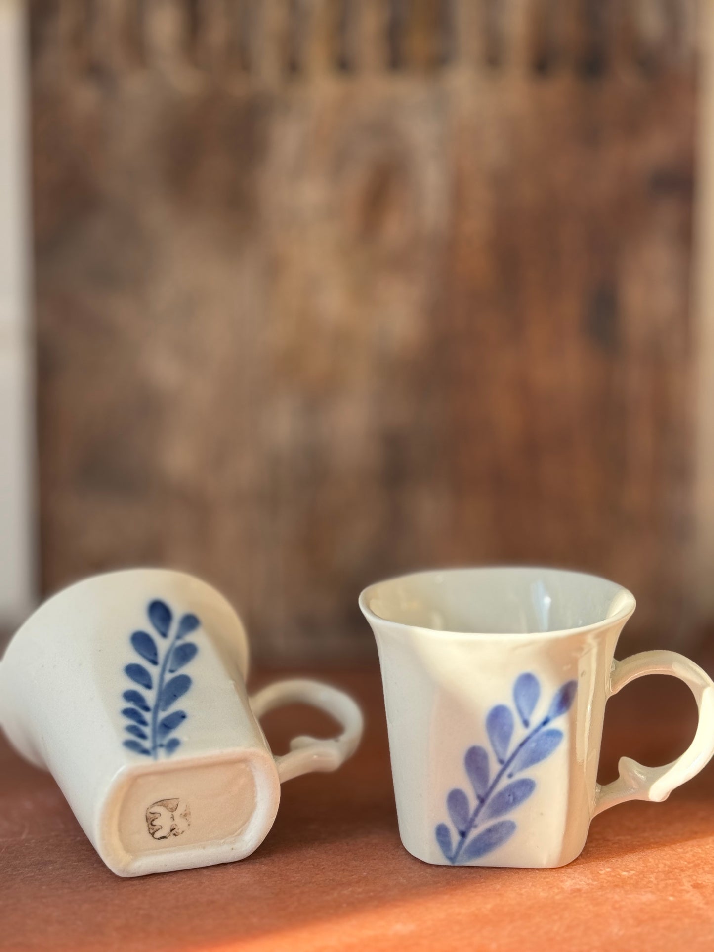Set of 4 Hand-Painted Ceramic Espresso Cups – Blue Leaf Motif
