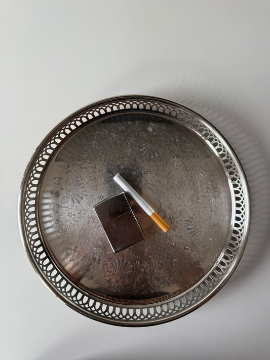 Vintage Silver-Plated Round Serving Tray with Gallery Rim