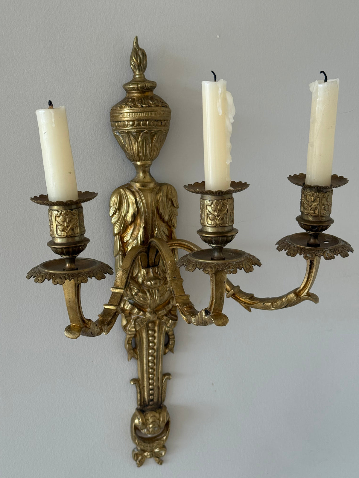 Antique French Solid Brass Three-Arm Wall Sconce, Louis XVI Revival