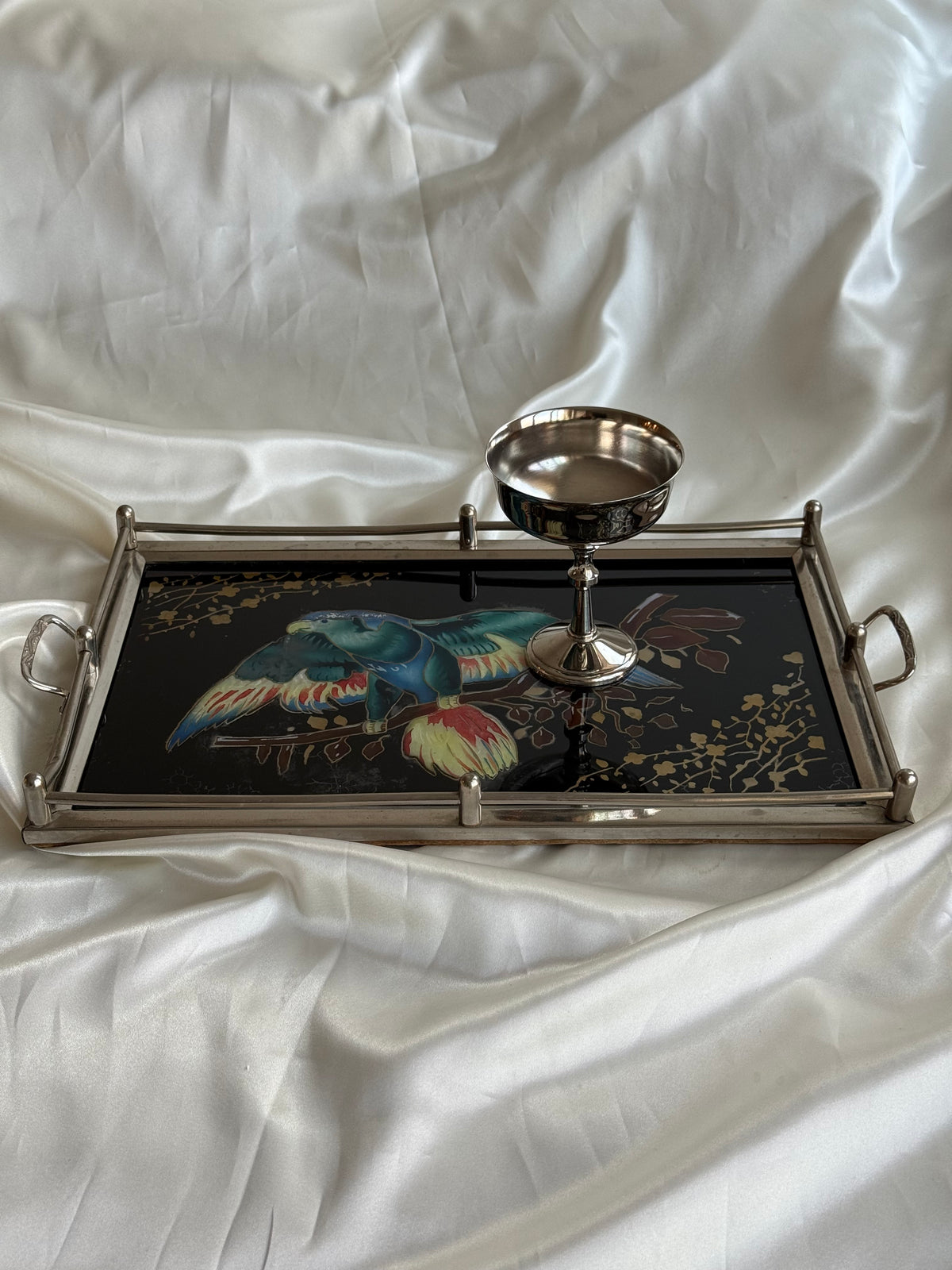Vintage Reverse Painted Glass Serving Tray with Parrot Design