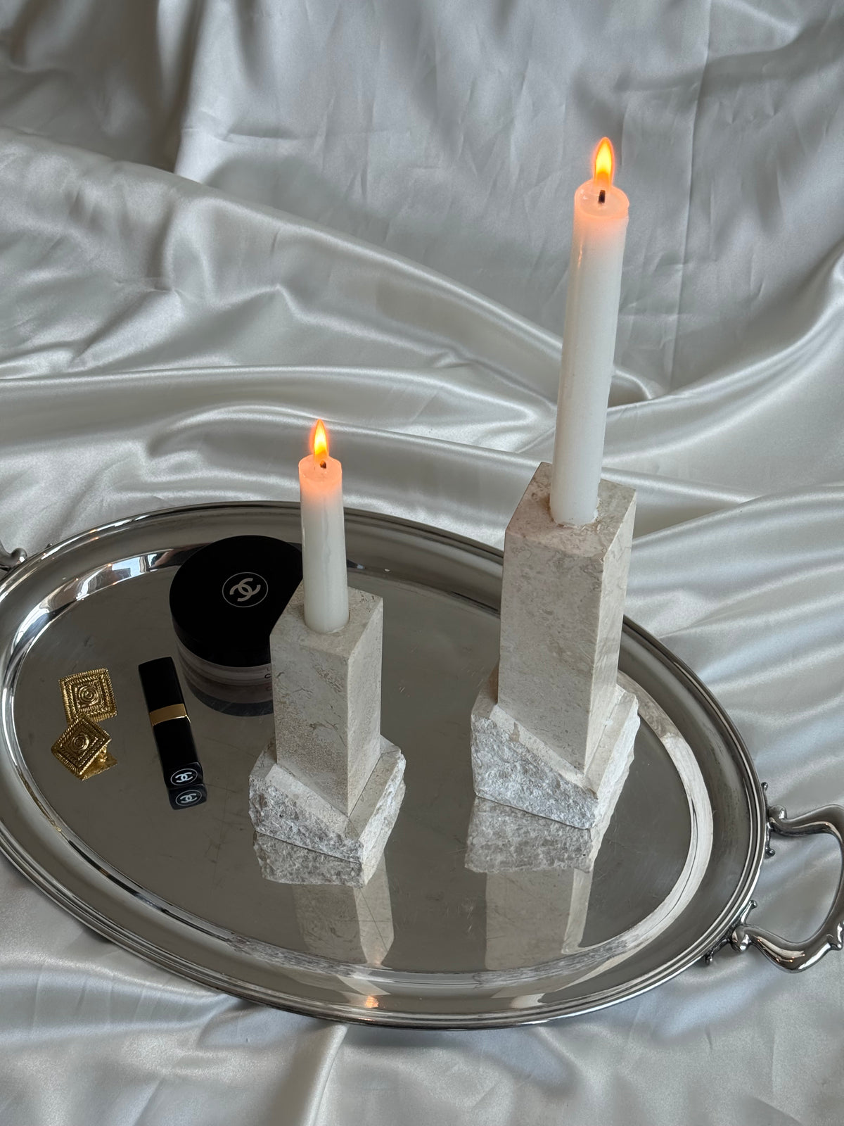 Vintage Renoir Designs Sculptural Travertine Candle Holders – Set of 2