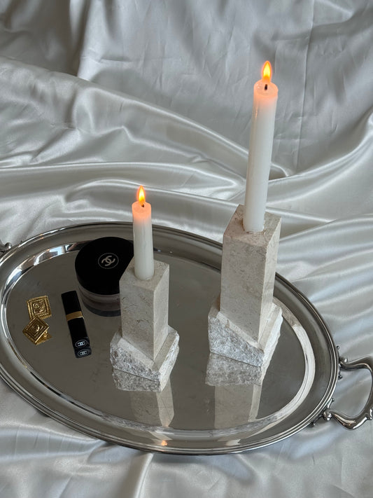 Vintage Renoir Designs Sculptural Travertine Candle Holders – Set of 2