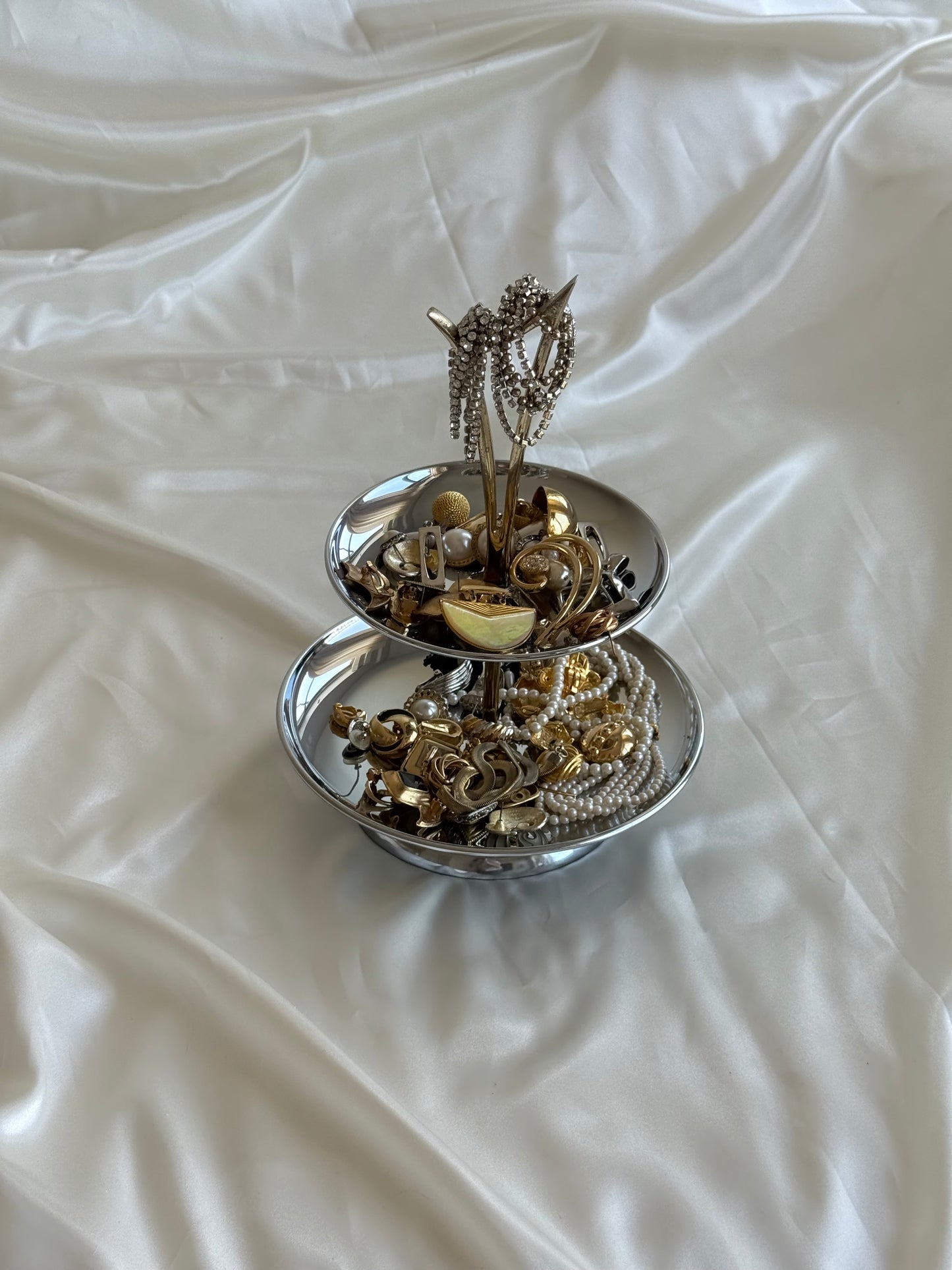 Vintage Two-Tier Chrome Jewelry Stand / Serving Tray