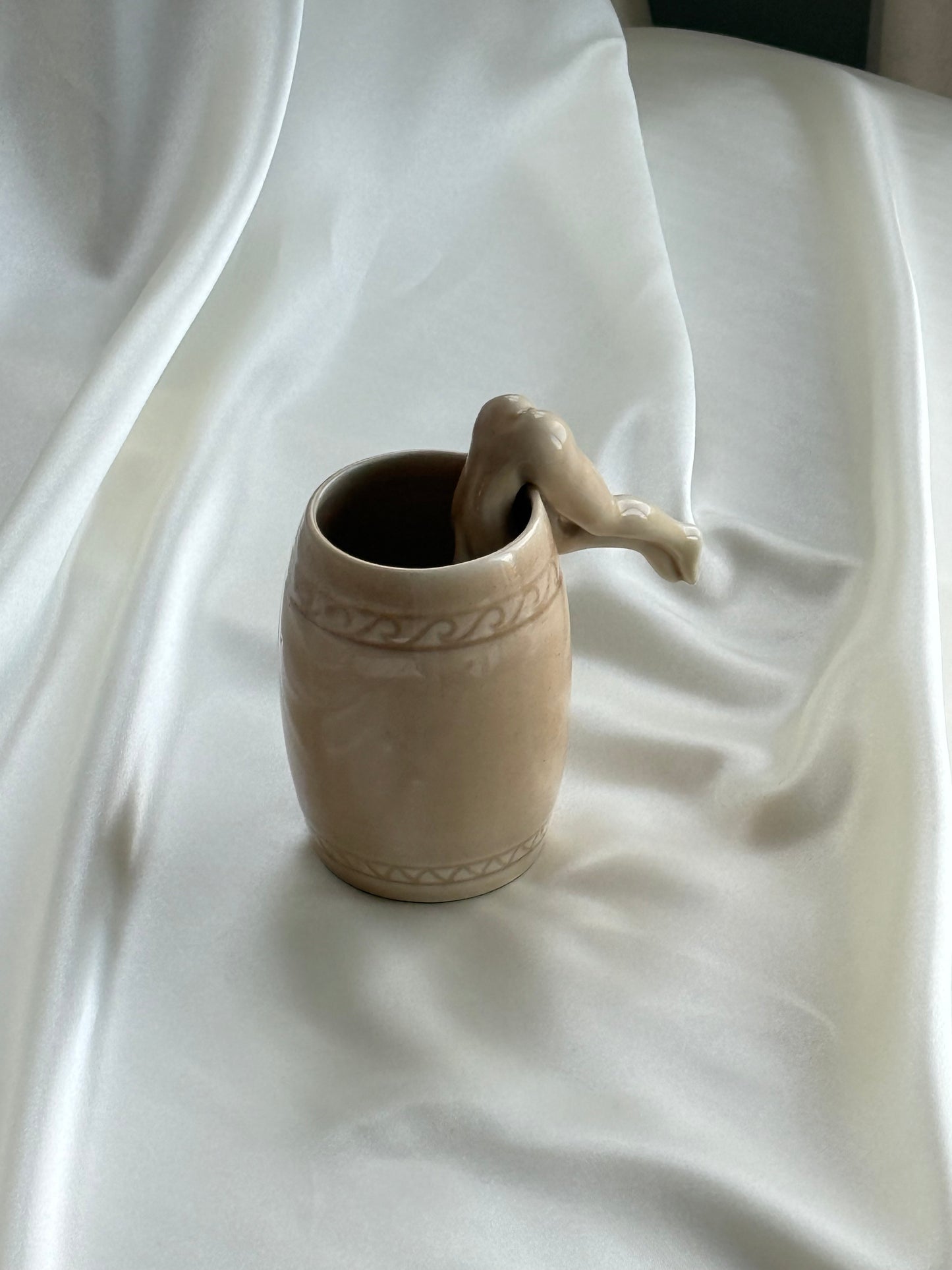 Vintage Ceramic Mug with Figurine Leg Handle